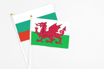 Wales and Bulgaria stick flags on white background. High quality fabric, miniature national flag. Peaceful global concept.White floor for copy space.