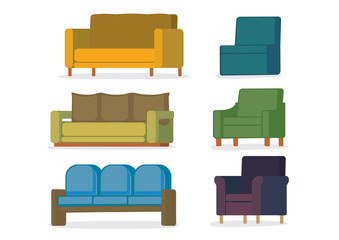 A set of four sofa/ couch with various style and colours. Isolated vector illustration.