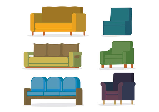 A Set Of Four Sofa/ Couch With Various Style And Colours. Isolated Vector Illustration.