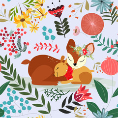 Cute sweet pink and blue floral flower and deer mom and son seamless pattern