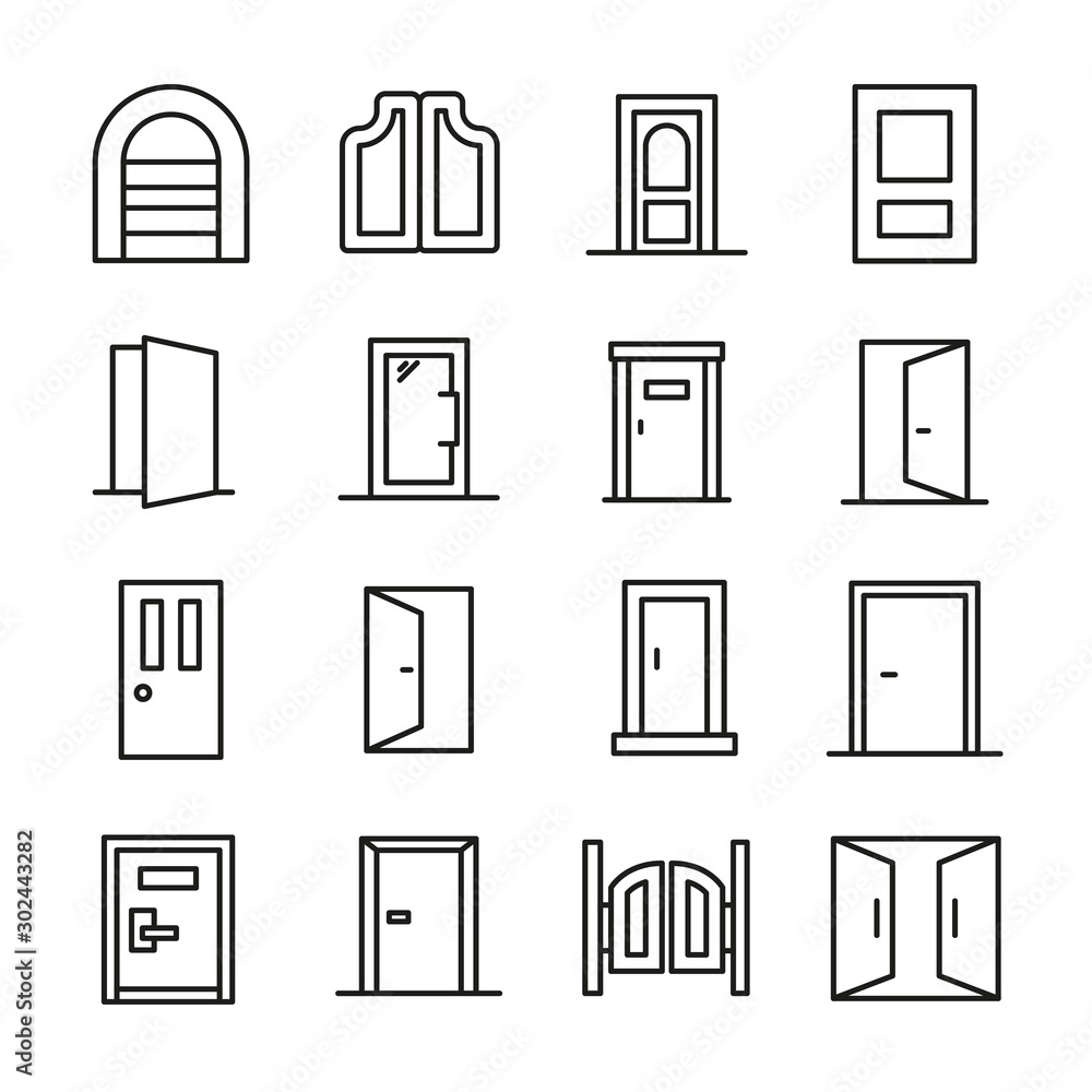 Sticker simple set of door icons in trendy line style.