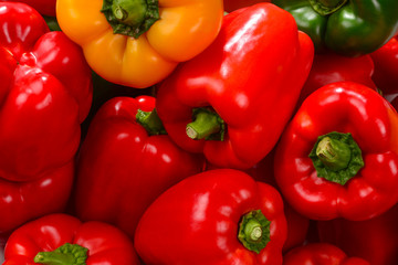 Fresh red, green, yellow bell pepper background.