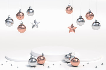 Metallic rose gold and silver christmas ball Ornaments object group with podium display stand on white background 3d rendering. 3d illustration christmas and new year sale concept.