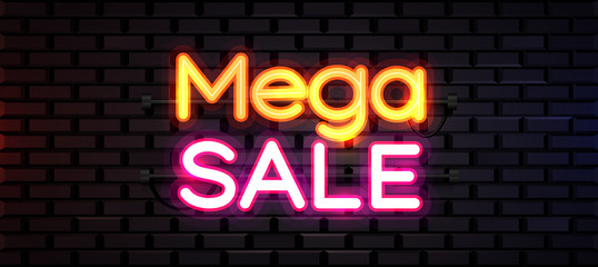 Fototapeta na wymiar Neon sign, the word Sale on dark brick wall background. Discount Background for your design, greeting card, banner.
