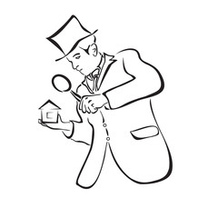 A sketch of a man with a lens. Holds a house in his hand. Detective