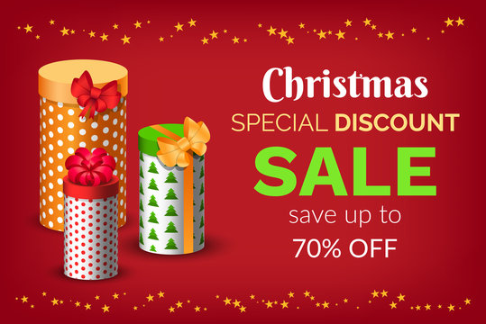 Christmas sale, up to 70 percent off on goods. Special offers and discounts in December to buy presents. Vector colorful boxes with gifts inside tied with ribbon and bow. Xmas celebration illustration