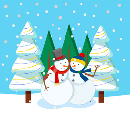 Winter holiday postcard with snowman characters hugging near fir-trees. Greeting card with traditional frost symbol near snowy spruce. Trees and snowfall weather outdoor, festive invitation vector