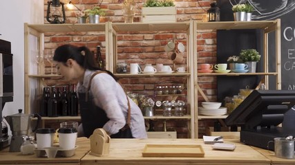 fast forward busy woman bartender pouring black coffee into cup. Professional barista preparing customer order on counter bar in coffeehouse. female waitress sending drink and bread to client.
