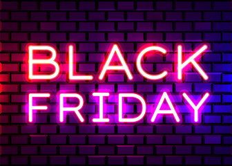 Black Friday realistic isolated neon sign for decoration and covering on brick background. Concept of sale, clearance and discount.
