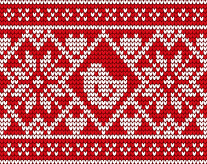 Christmas embroidery decorated by bird and flower. Knitwear with pattern in white color. Xmas postcard or textile with winter traditional symbols. Element of jumper with handicraft decorations vector