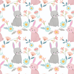 Cute bunny in flowers garden seamless pattern fabric textile wallpaper.