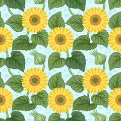 Colorful backdrop with sunflowers seamless pattern on blue background.