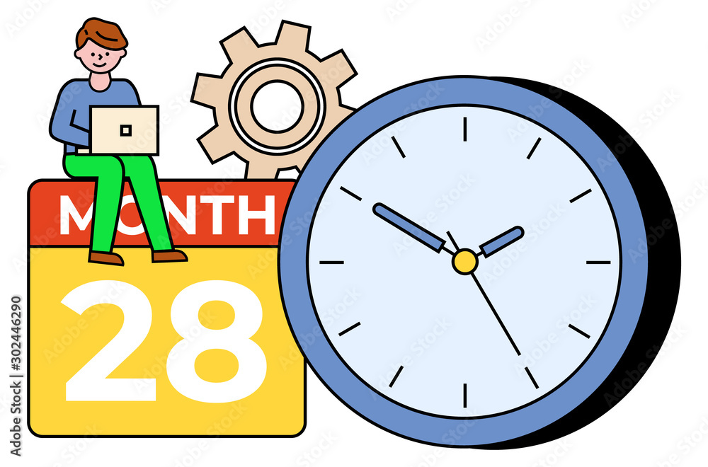 Poster man working on laptop, male with personal computer. clock and calendar with date and time. cogwheel 