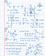 Retro vector background with physics formulas, outlines and equations on notebook page. College  notation. Educational and scientific vintage background.