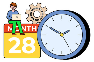 Man working on laptop, male with personal computer. Clock and calendar with date and time. Cogwheel and organization of working space of character. Planning deadline of worker with PC vector in flat