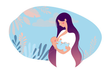 Illustration of breastfeeding, lactation. A mother breastfeeds her baby on a natural background with leaves. The concept of motherhood, health, family. Cartoon vector illustration isolated