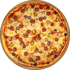Pizza with sausages, pickles and olives top view on wooden board.