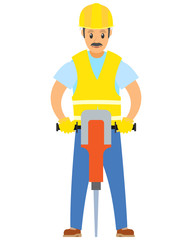 Worker with drill vector, male in uniform drilling and working with constructions creation, man wearing special clothes and protective gloves and helmet