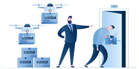 Drone delivery with box.New transportation technology and businessman dismissed deliveryman worker.