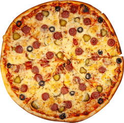Pizza with sausages, pickles and olives top view.