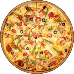 Pizza with bacon, cheese and olives top view on wooden board.