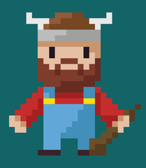 Pixel art character vector, isolated viking holding weapon made of wood flat style icon from 8bit games, horns on hat, bearded male from Norway barbarian. Pixelated superhero for app or video game