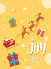 Santa Claus sitting on sleigh and going with reindeer. Joy greeting card decorated by snowflake, star and present with box. Postcard in yellow with Xmas characters and gift box vector greeting card
