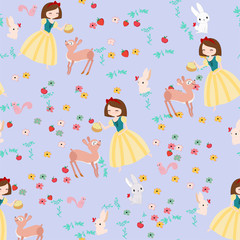 Cute cartoon princess and wild animal seamless pattern