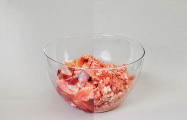  meat and minced meat in one photo in a glass bowl on a light background