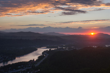 Valley of the Katun river at sunset the view from the top hill