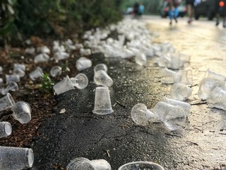One single used plastic glasses are disposed on the roadside during outdoor activity like running, jogging. That will occur the environmental problems such as waste, and wildlife issues, etc.
