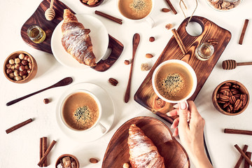 french breakfast, coffee and croissant, top view, flat lay
