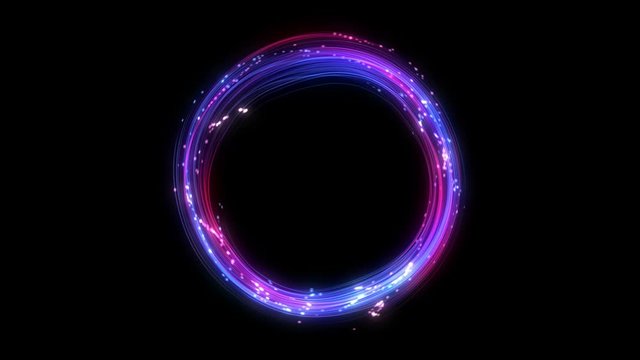 4k. NEON circle. Futuristic background. Multiple lines swirls. Blue and pink colors. Glowing ring. Isolated on black. 