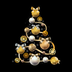 Christmas tree made of realistic golden decoration.Vector
