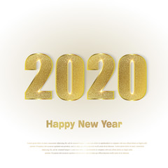 Happy New Year 2020. Background with golden sparkling texture. Gold Numbers 20, 2, 0, 02. Light effect. Vector Illustration for holiday greeting card, invitation, calendar poster banner