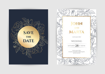 Obraz na płótnie Canvas Wedding Invitation with Gold Flowers. background with geometric golden frame. Cover design with an ornament of golden leaves.Trendy templates for banner, flyer, poster, greeting. eps10