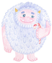 Christmas cute yeti character with candy cane. Ho ho ho. Winter cartoon yeti watercolor print. Print on t-shirt or poster. Good monster.