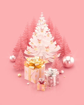 Merry Christmas and Happy New Year illustration with gift boxes and decorated Christmas tree. 3D rendering.