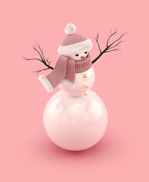 Christmas snowman in a knitted hat and scarf on pink background. Happy New Year concept. 3d rendering.