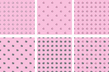 Set of seamless patterns. Hearts. Refined. Gray and pink. Pink background.