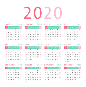 Calendar 2020 Vector Pocket Basic Grid.