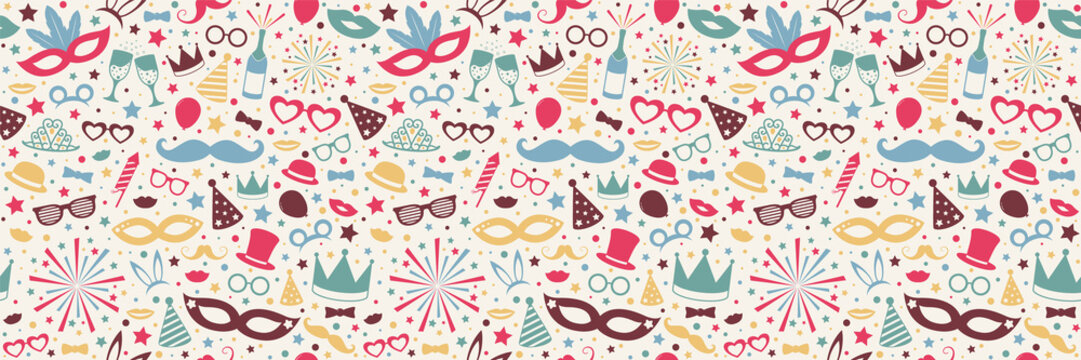 Colorful Seamless Pattern With Carnival, Photobooth And Birthday Party Elements. Vector