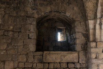 Window  with a loophole in main hall of crusader Fortress Chateau Neuf - Metsudat Hunin is located at the entrance to the Israeli Margaliot village in the Upper Galilee in northern Israel