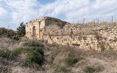 Fototapeta premium The ruins of crusader Fortress Chateau Neuf - Metsudat Hunin is located at the entrance to the Israeli Margaliot village in the Upper Galilee in northern Israel