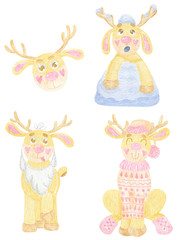 Obraz premium Christmas watercolor set with deers dressed up in funny Christmas clothes: sweater, santa beard. Ho ho ho. Winter reindeer watercolor print. Print on t-shirt, sticker or poster.