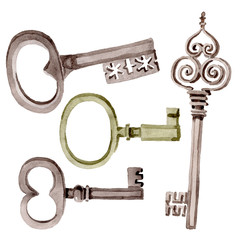 Isolated old key illustration element. Watercolor background illustration set. Isolated keys illustration element.