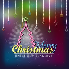 Merry Christmas and New Year 2020 Vector glowing neon colorful effect.