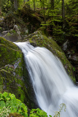 Ultra long exposure of a waterfall in a green forest with some stones and small plants in the foreground