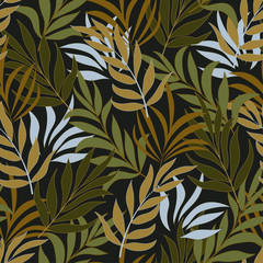 Trend tropical seamless background with bright orange and white plants and leaves on green background. Tropical botanical. Exotic wallpaper. Printing and textiles. 