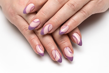 French violet manicure. Violet nails. Manicure with circles. Sharp long nails. A highlight on the nails.